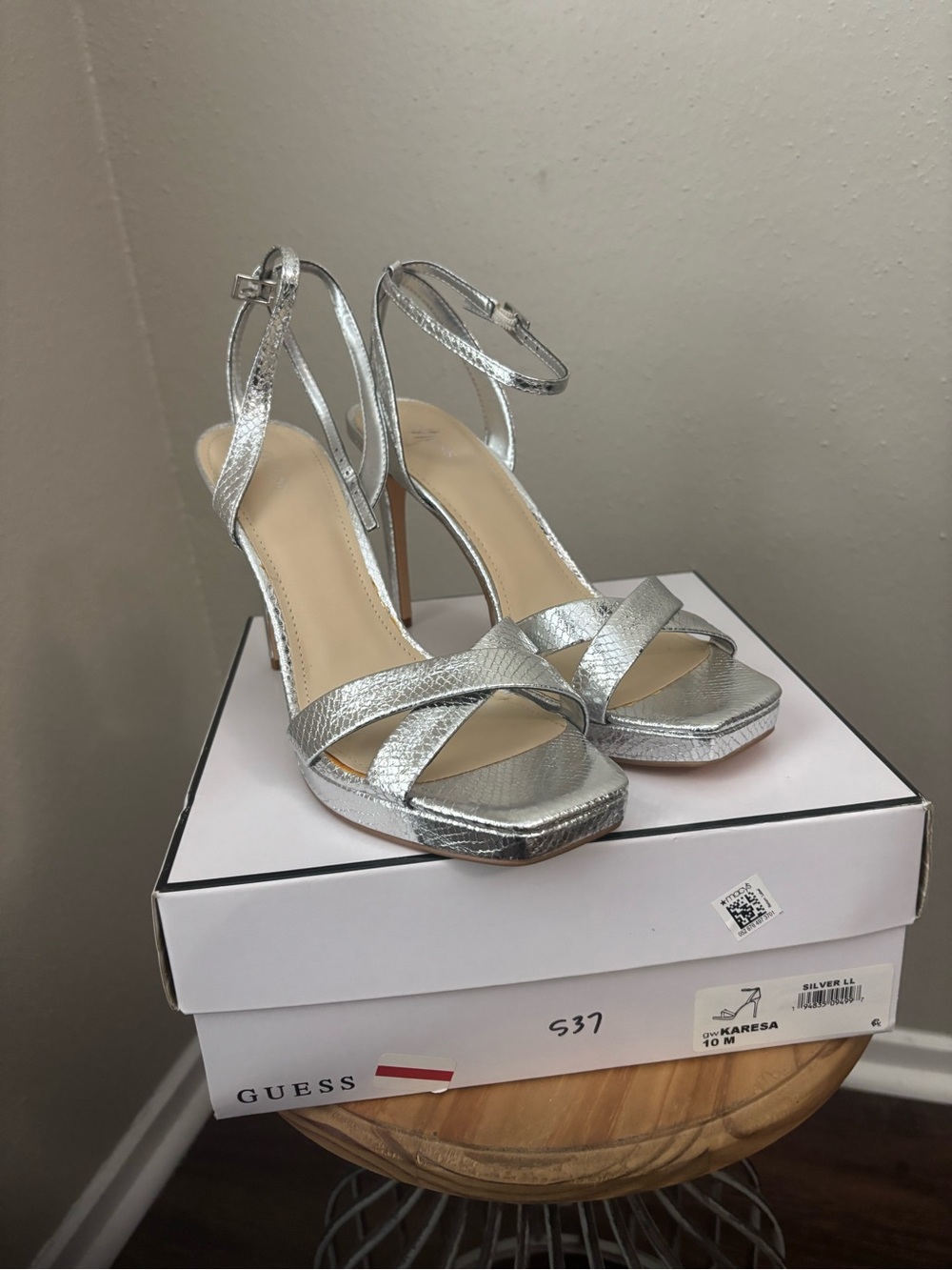 GUESS Silver Metallic Crisscross Ankle-Strap High Heels